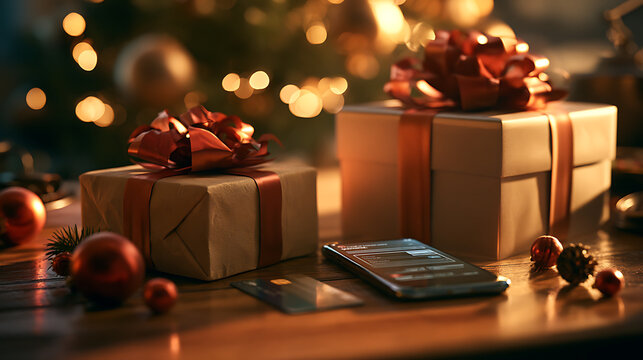Cadeaux de No&euml;l sur une table avec un t&eacute;l&eacute;phone et des d&eacute;corations de f&ecirc;te
