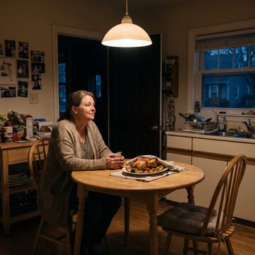 Mature mother sitting alone at the kitchen table waiting for her family with a prepared roast chicken dinner