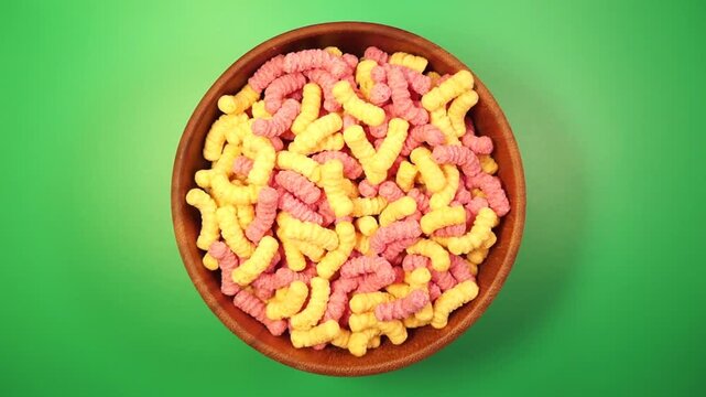 Rotation of corn snakes in wooden bowl on a green table. Top view	
