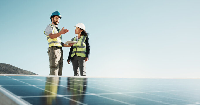 City, talking and people with tablet for solar panel installation, inspection and planning for energy. Engineering, team and technician on tech for grid maintenance, renewable electricity and space