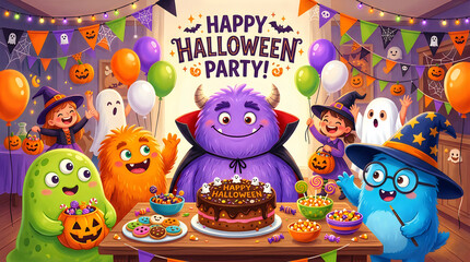 Fototapeta premium Cute monsters and children celebrating a festive Halloween party with a decorated cake and colorful balloons