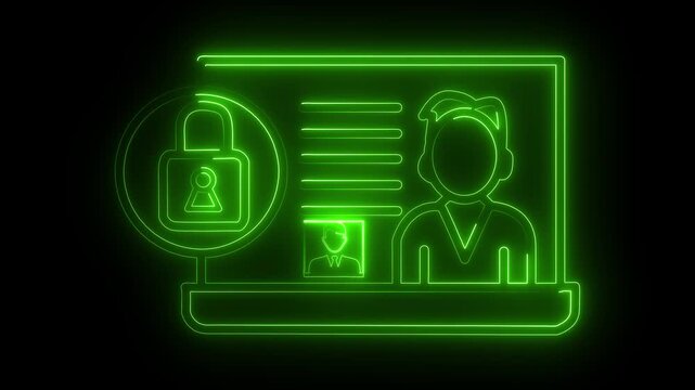 Digital profile featuring a security lock icon glows in vibrant green neon light on a dark screen to represent data protection, privacy encryption and secure user authentication within virtual.