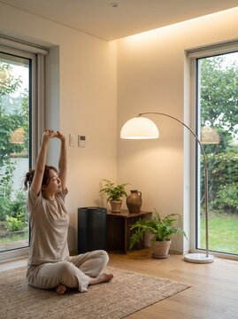 Peaceful young woman stretching and relaxing on the floor in a modern living room with smart air purifier
