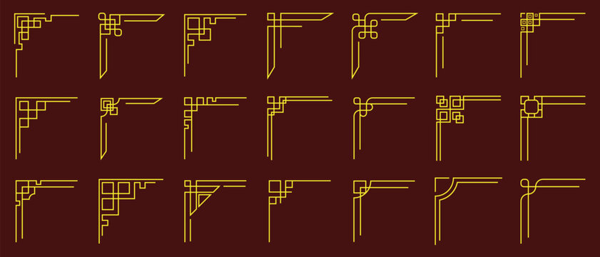 Traditional Chinese frame corners. Chinese gold retro ornamented traditional frame corner border icon. Japanese vintage border elements vector illustration set for card, invitation, poster, cover.