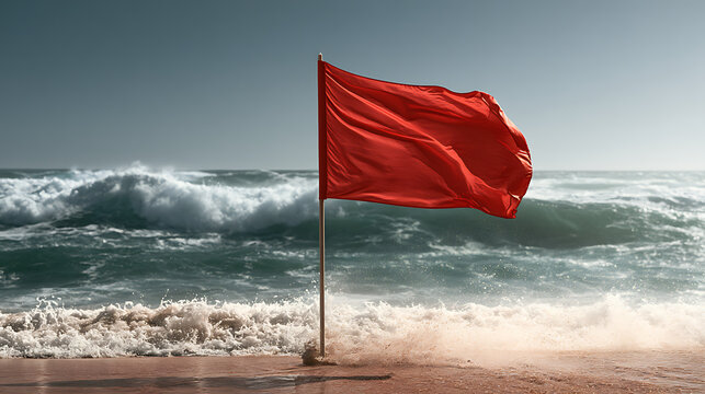 Un drapeau rouge flotte sur la plage pendant une journ&eacute;e venteuse au bord de l'oc&eacute;an