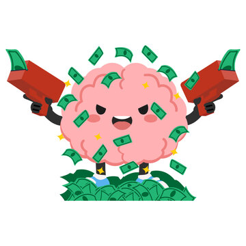 Brain character shooting banknotes from red money guns