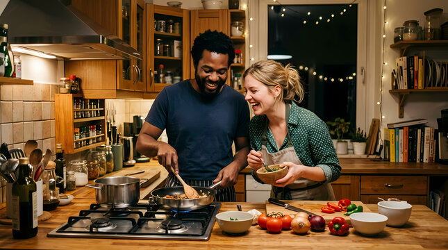 A joyful couple enjoys preparing a healthy dinner together in their wooden kitchen while laughing and talking about their day at home during the evening hours while using fresh seasonal