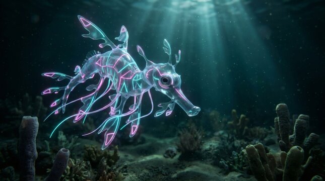 Translucent bioluminescent leafy seadragon creature with glowing cyan and magenta geometric lines in deep ocean