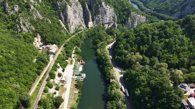 Drone Shot of Zapadna Morava River Gorge and Railway Near Ovcar Banja, Serbia