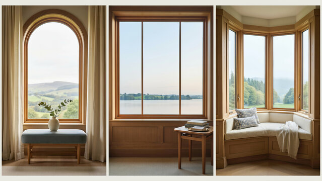 Three different window views showing arched, rectangular, and bay windows with scenic