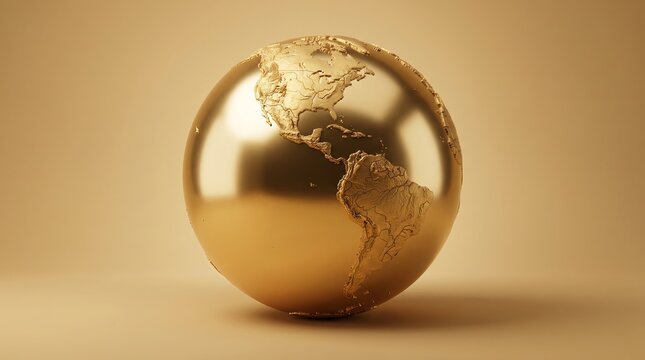 Golden globe earth model showing western hemisphere continents isolated against a plain light brown studio background with soft lighting