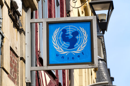 Cityscape with sign of Unicef at the old town of French city of Rouen on a sunny summer day. Photo taken July 14th, 2026, Rouen, Normandie, France.