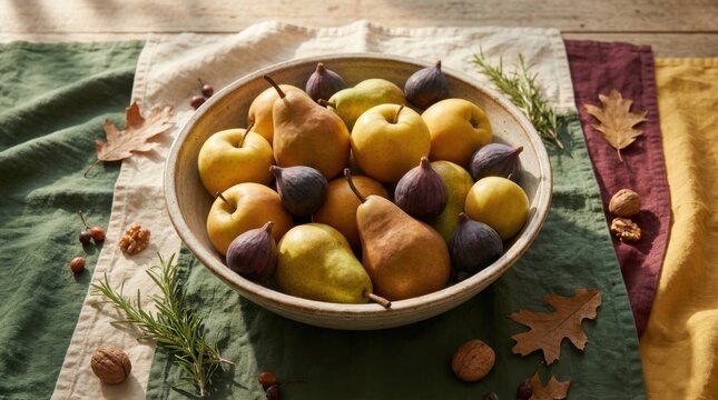 Ripe pears and yellow apples with fresh figs arranged in ceramic bowl on rustic tablecloth.