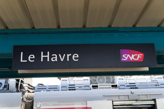 Close-up of SNCF sign at railway station of French city of Le Havre on a sunny summer day. Photo taken July 14th, 2026, Le Havre, Normandie, France. 