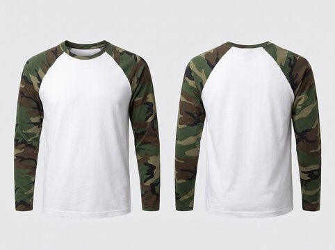 Blank Raglan Long Sleeve T-Shirt Mockup with Camouflage Sleeves and White Body, Front and Back View Isolated on White Background