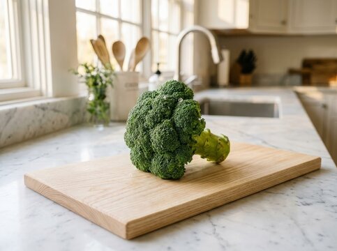 Vibrant Broccoli on Ash Cutting Board in Sunlit Modern Kitchen