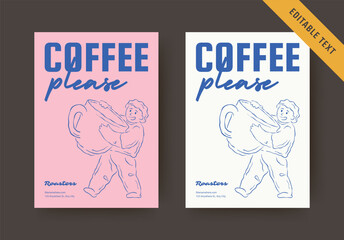 Naklejka premium Playful friendly coffee quote print comes in soft pastel pink and warm cream tones, with barista carrying giant mug illustration and fully editable text for local roaster house promotions
