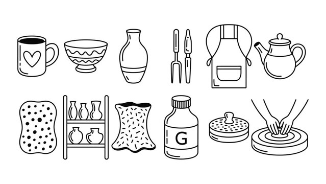 Pottery workshop and ceramic crafting tools vector