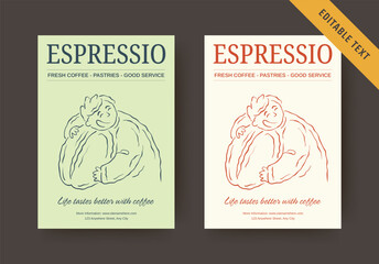 Naklejka premium Charming cheerful character illustration hugs giant coffee mug, warm friendly quote about daily coffee joy, classic serif headings, editable text appears in soft mint green and warm cream colorways