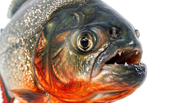 Detailed close-up portrait of a predatory fish with sharp teeth and red throat isolated on white
