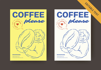 Naklejka premium Joyful layout with playful character illustration holding giant coffee bean, presented in sunny yellow and cream color variants, editable text for coffee lover community themed in-store promotions