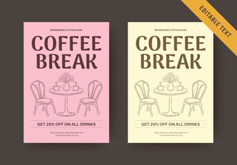 Obraz premium Warm chunky typography coffee break promotion features cozy bistro patio seating illustration, soft pastel pink and warm cream palettes, editable text for local casual cafe marketing
