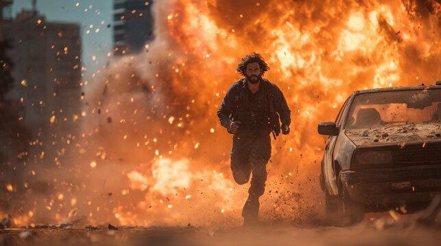 Bearded man sprinting away from burning car explosion in dramatic action movie chase scene