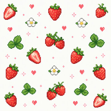 Seamless pixel art strawberry pattern with flowers and hearts