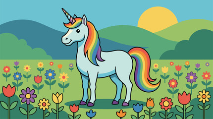 Fototapeta premium Flat design cartoon unicorn with rainbow mane and tail in a field of colorful flowers, sunny day