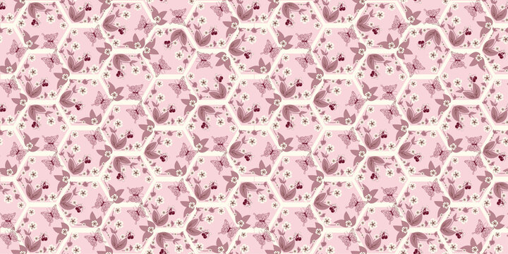 Floral Butterfly and Cherry Seamless Pattern