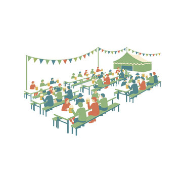 Beer garden with people at long tables under festive flags