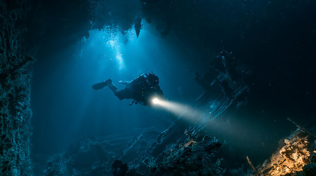Un plongeur explore une &eacute;pave sous-marine avec une lampe dans des eaux profondes