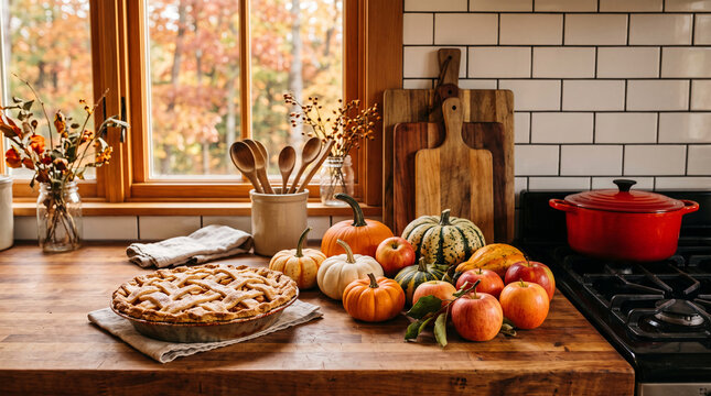 Autumn harvest pie with pumpkins and apples on a kitchen counter, symbolizing cozy fall season and homemade cooking