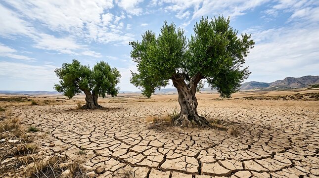 Two ancient olive trees standing in a dry, cracked desert landscape under a cloudy blue sky