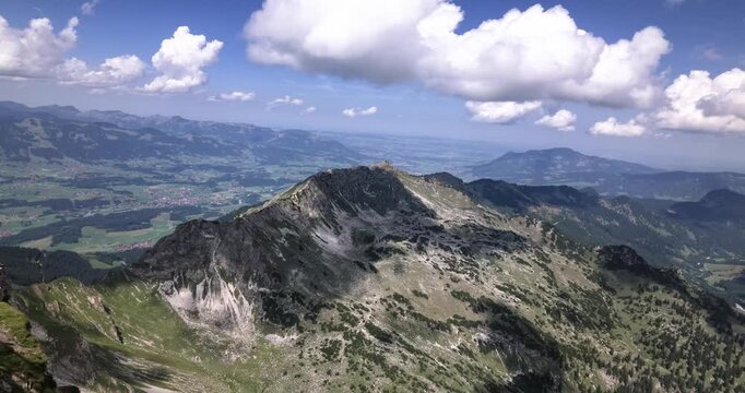 Pan across rugged mountain ridge from Nebelhorn in Allgau Alps