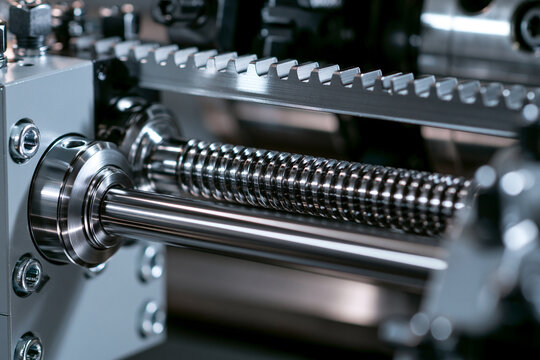 A close-up view of a precision metal lead screw inside an automated industrial machine. This image depicts mechanical engineering and high-tech manufacturing processes.