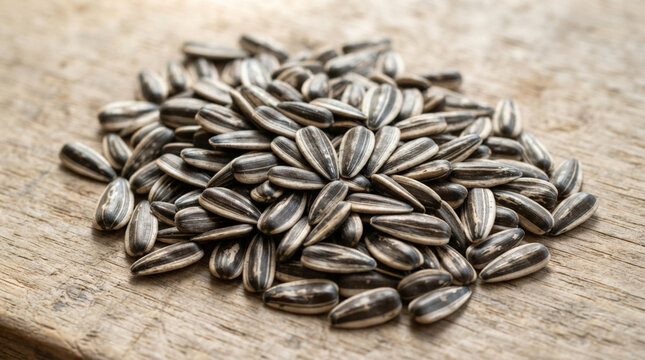Pile of raw sunflower seeds arranged on a rustic wooden surface in macro shot showcasing texture