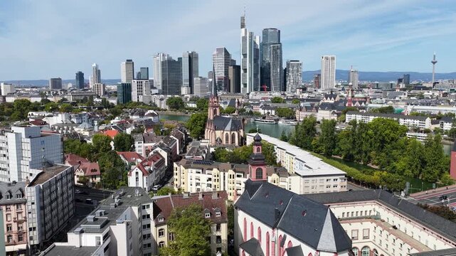 Financial District In Frankfurt Am Main Germany. Highrise Buildings. Downtown District. Famous Main Tower. Financial District In Frankfurt Am Main In Hesse Germany. Business Center. European Skyline.