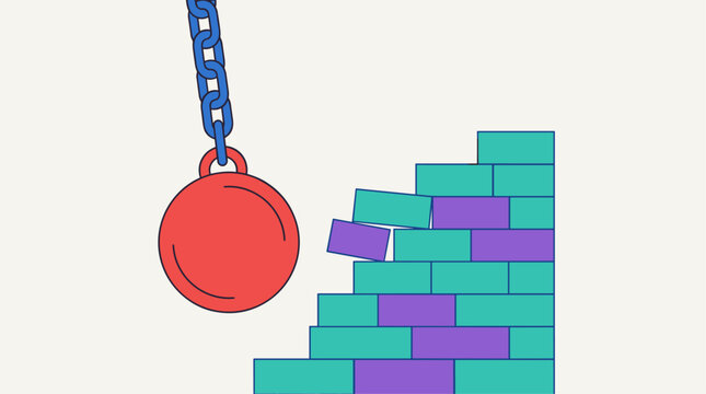 Red wrecking ball on blue chain impacting a colorful brick wall, flat design illustration with copy space