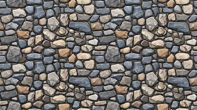 Seamless pattern of irregular, textured stones in shades of grey, brown, and blue stone wall background