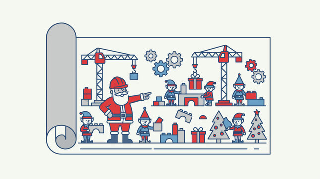 Santa and elves building toys with cranes and gears on a blueprint scroll, flat design illustration