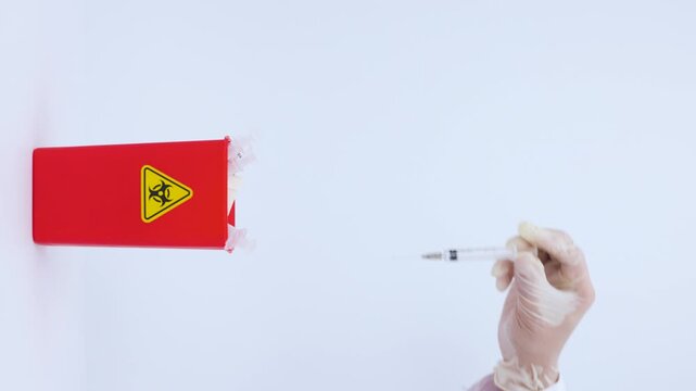 Focused gloved hand dropping medical hazard inside red biohazard waste sharp bin clinical container white background safety disposal concern