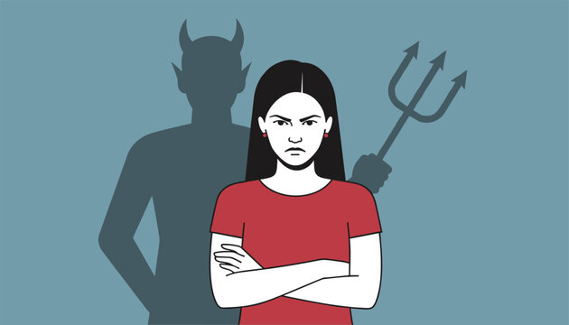 Angry woman standing with crossed arms while her dark shadow looks like a devil holding a pitchfork on blue background.