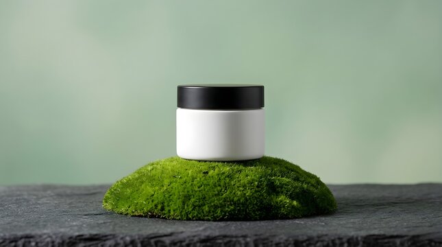 Beautiful elegant cosmetic cream jar mockup displayed on lush vibrant green moss with a delicate soft pastel colored background presentation