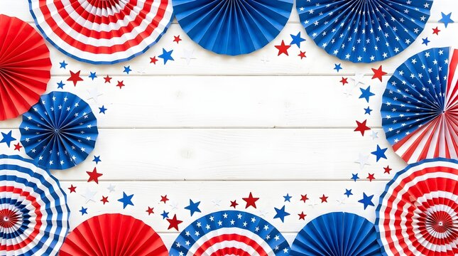 A vibrant festive patriotic background featuring red white and blue paper fans and twinkling stars perfect for independence day and american holiday