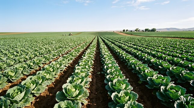 A large expansive agricultural field is full of healthy leafy green vegetables growing in perfectly aligned rows beneath a beautiful bright blue