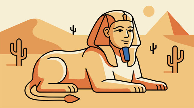 Stylized flat design illustration of a sphinx with pyramids and cacti in a desert landscape, warm tones