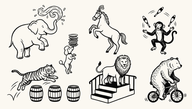 Hand-drawn line art circus animals set with elephant, horse, monkey, lion, bear.