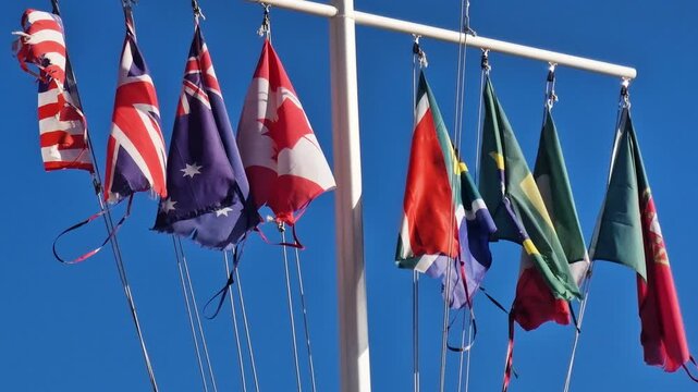 Multinational International Flags on Boat Mast Flattering on Sunny Summer Day, Saint Barthelemy Island, Caribbean Sea
