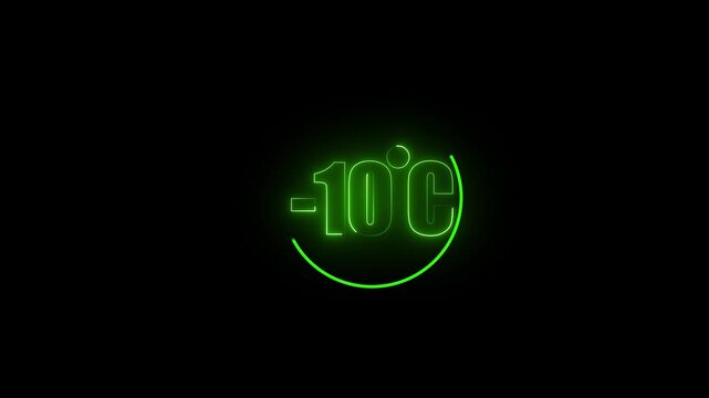 Temperature indicator displays minus ten degrees Celsius in a glowing green neon circular frame isolated against a deep black background which provides ample copy space for graphic design integration.